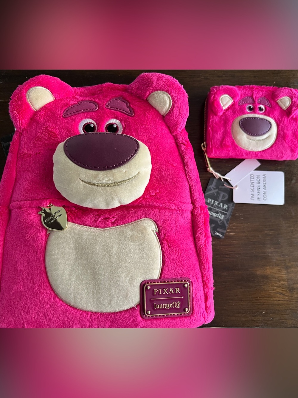 Loungefly X Pixar Lotso Pink Plush Backpack with Matching wallet. *NWT*